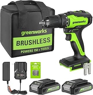 - 24V Brushless Cordless Drill Kit, 310 in./lbs, 18+1 Position Clutch, 1/2 '' Keyless Chuck, Variable Speed, (2)2Ah Batteries with 2A Charger, LED Light, 8pcs Drill Bits with Tool Bag