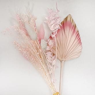 Pink Dried Flowers Bouquet for Room Decor Cake 12 Stems - 1 Oats 2 Wheat White Gem Grass Bunny Tails Ruscus Dream Star Flower Palm, 47 x 16 x 2.5 cm