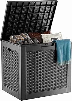 ROJIK 30Gallon Outdoor Storage Box - Waterproof Patio Furniture Deck Box, Garden Tools, Cushions, Pool Accessories Storage Bench with Lockable Lid and Side Handles (Black Rattan, 30 Gal)