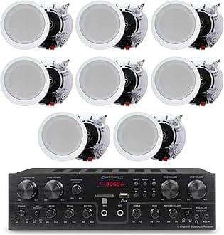 Technical Pro Home Theater System Kit with 1000 Watts 4-Chanel Bluetooth Receiver & 8 Qty 6.5" 200 Watts in-Wall in-Ceiling Speakers of 2-Way Stereo Sound with Woofer/Tweeter, Flush Design