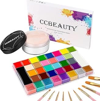 CCBeauty Face Body Paint Oil Palette Professional 36 Colors Face Painting Kit Cosplay Makeup with Translucent Setting Powder，10 Pink Brushes Halloween SFX Clown Makeup Kit for Adult
