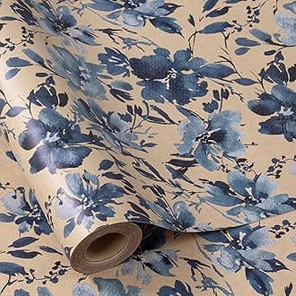 RUSPEPA Kraft Wrapping Paper Roll - Mini Roll - Blue Flower Design Great for Birthday, Party, Baby Shower - 43.2cm x 10m