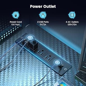 DOMICON L Shaped 47 inchGaming Desk, Computer Desk with LED Lights & Adjustable Stand, Power Outlets & Storage Drawer, Reversible Computer Desk with Shelves & Headset Hooks, Black Carbon Fiber