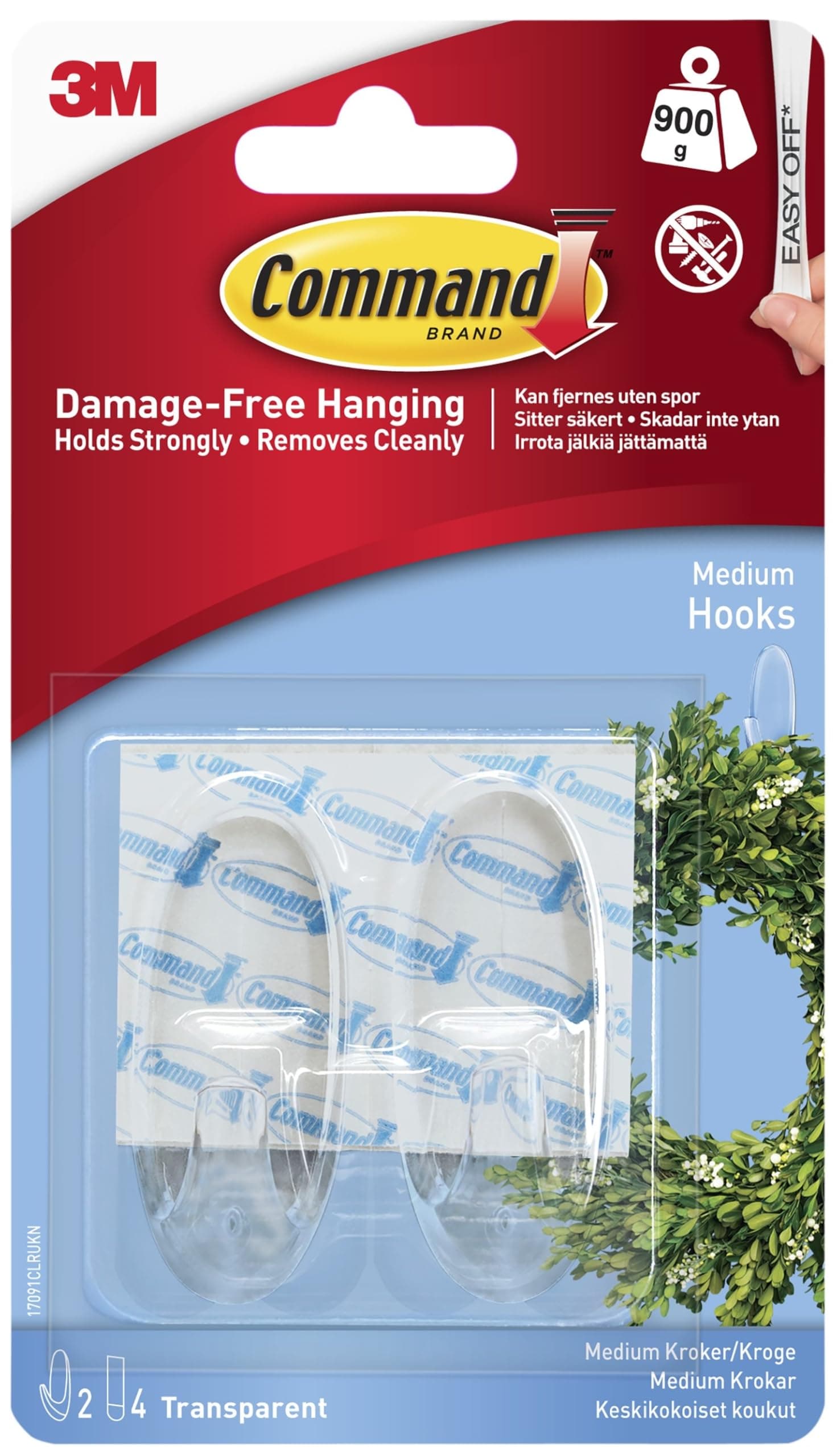 Command Medium Hook, Pack of 2 Hooks and 4 Adhesive Strips, Transparent - Damage Free Hanging - Holds up to 900g
