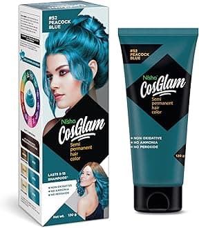 Nisha Cosglam Vegan And Cruelty Free Semi Permanent Hair Color, Blue Hair Dye With Infused Conditioner | No Ammonia, No Peroxide, Non Oxidative Hair Colour - 120g / 4.06 Fl Oz (#52 Peacock Blue)