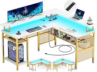 Unikito L Shaped Desk with LED Strip and Power Outlets, Reversible Corner Computer Desks with Monitor Stand and Storage Shelf, L- Shaped Gaming Table, Home Office Desk with USB Ports, White and Gold
