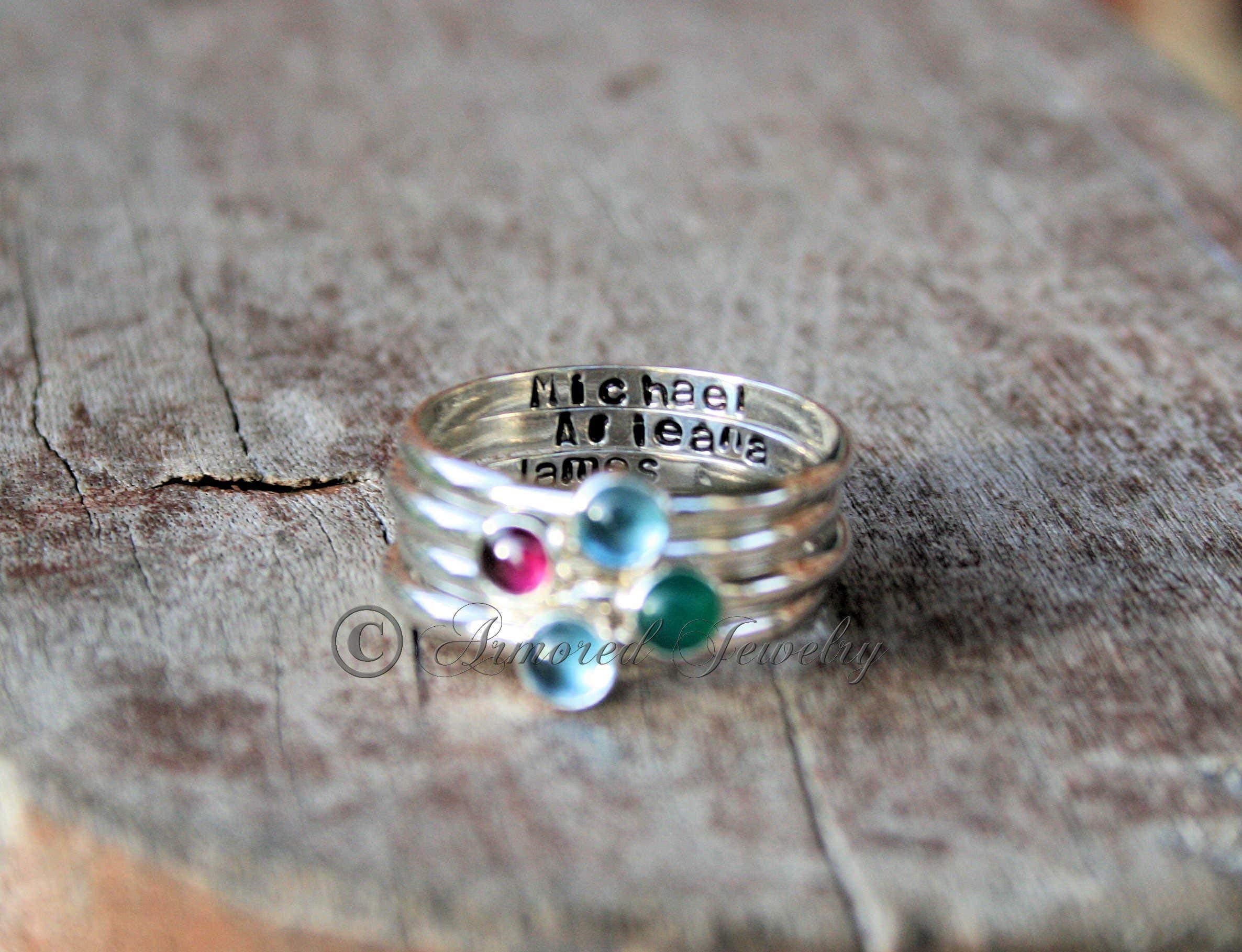 Sterling Silver Birthstone Ring - Stacking Ring - Mommy Stackers - Custom - Personalized - Stacking Rings - Custom Name Ring Jewelry