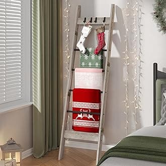 Hzuaneri Blanket Ladder for Living Room, Decorative Quilt Rack with 4 Removable Hooks, 6-Tier Farmhouse Ladder Holder Shelf Organizer for Bedroom, Greige and Black BR31505B