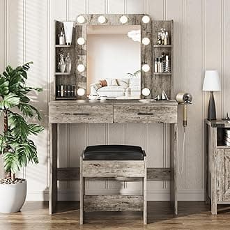 Vabches Vanity Desk with Mirror and Lights,Makeup Vanity Table with Charging Station,2 Drawer Bedroom Dressing Table with 3 Colors Modes Dimming & Cushioned Stool,Light Rustic Oak