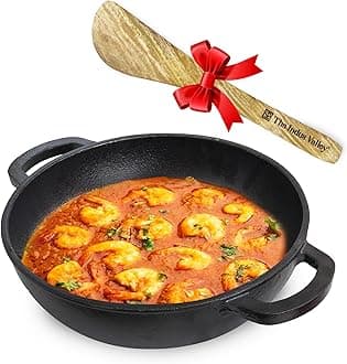 The Indus Valley Pre-Seasoned Cast Iron Kadai with Flat Handles & Free Wooden Spatula | Medium, 25.4 cm/10 inch, 2.3Ltr, 2.5kg | Naturally Nonstick Kadhai, 100% Pure & Toxin-Free, No Chemical Coating