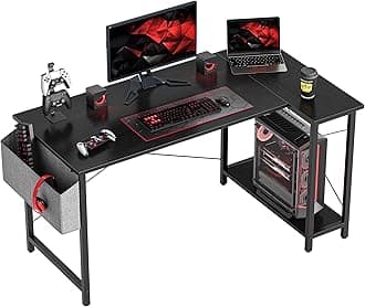 CubiCubi L Shaped Gaming Desk, 120x70 cm Computer Desk with Storage Bag, Office Desk Writing Table with Large Reversible Storage Shelves, Workstation for Study Play Work Home Office, Black