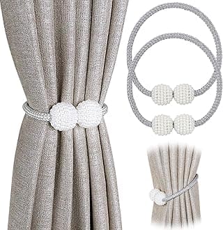 Pinowu [2 Pack] Magnetic Curtain Tiebacks Convenient Drape Tie Backs,Pearl Decorative Rope Holdback Holder for Small, Thin or Sheer Window Drapries (Gray)…