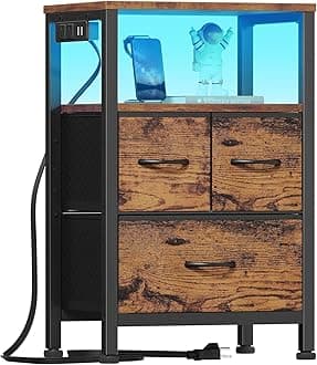 Furnulem Led Nightstand with Charging Station, Bedside Table with 3 Fabric Drawers and Storage Shelf, End Table Side Table with USB Ports and Outlets, Small Night Stand for Bedroom, Rustic Brown