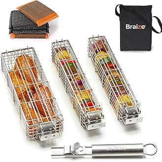 Large Kabob Grilling Basket Set of 3 with Removable Handle, Heavy-Duty Scrubber Sponge, Stainless Steel Kabob Grill/Kebob Grill/Kebab Basket - Grilling Accessories for Outdoor Grill, 12x2x2 in