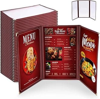 WeChef 30 Pack Restaurant Menu Covers 8.5 x 14 Triple Fold 3 Pages 6 Views Transparent Restaurant Menu Covers Holder Burgundy