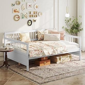 Full Size Daybed, Wooden Daybed Sofa Bed Frame with Wood Slat Support for Kids Teens, Multi-Functional Day Bed for Living Room Bedroom Guest Room, No Box Spring Needed, White