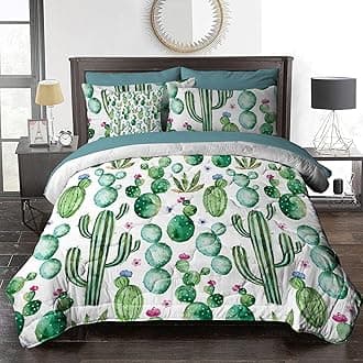 BlessLiving 8 Piece Green Cactus Comforter Set, Watercolor Tropical Plant Reversible Bedding with Comforter Shams - Botanical Sheet Sets, Perfect for Women Bed Room or Guest Room - King Size