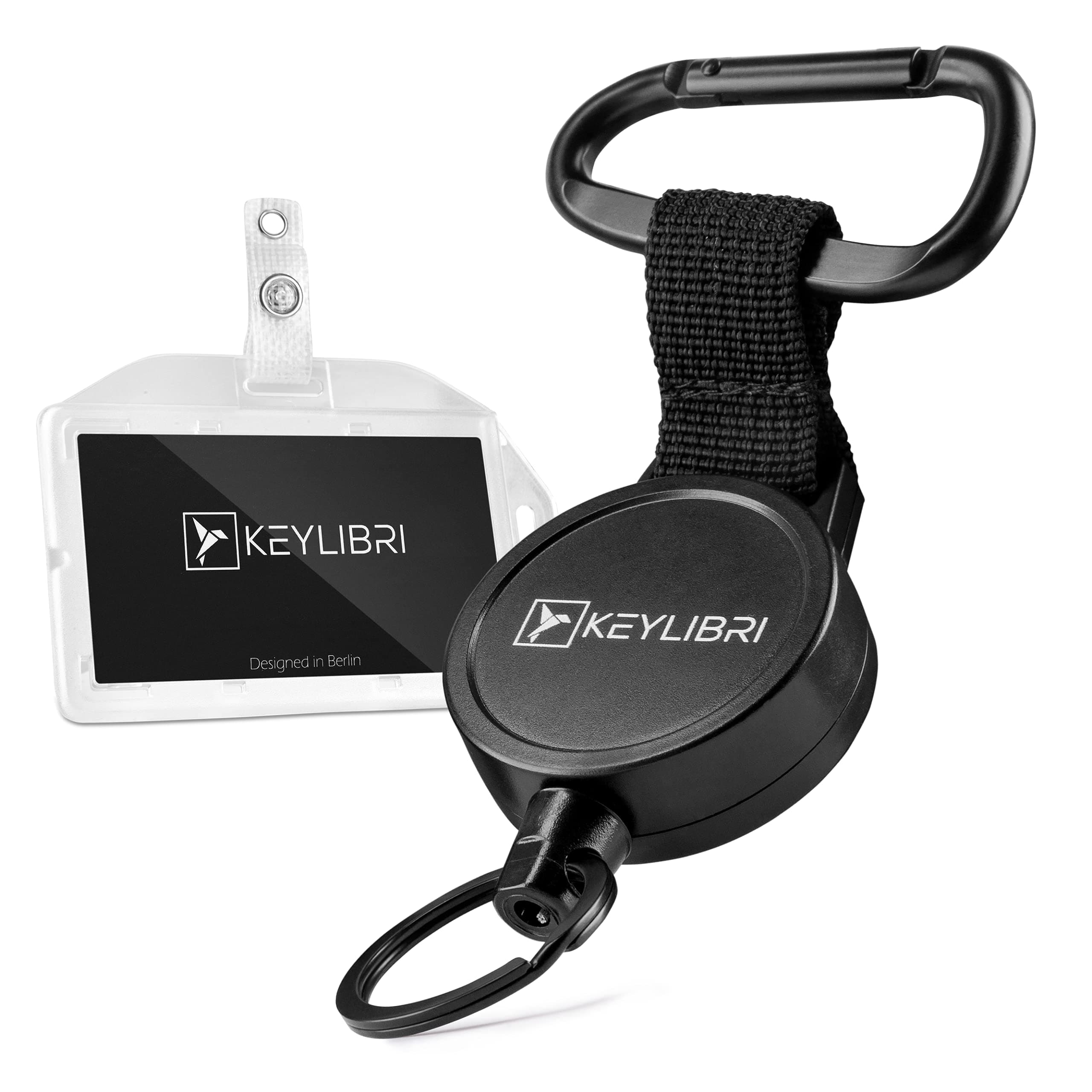 Keylibri Key roll / key ring with 73.5 cm extendable robust steel cable - matt black design - includes card holder in standard format - ideal for office and leisure