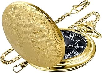 Carved Flower Quartz Pocket Watch with Quartz Movement, Pocket Watch with Chain Clip for Men