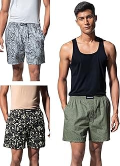 Men's Cotton Boxers (Pack of 3) (DAM-PRIN-LBX-PACK-3-DGN-COE-MRG-MIX-S_Dot Green, Camo Grey, Marble Grey_S)