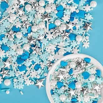 Edible Snowflake Sprinkles,Frozen Sprinkle for Cake,Blue Heart White Snowflake Silver Star Pearl Jimmies Mix,130g/4.58oz,Winter Snow Sugar Pearls Sprinkles for Decorations Baking,Cake Ice Cream Cookies Cupcake Topper Chocolate,Birthday Children Easter Party Dessert Decorating