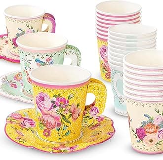 Talking Tables Mixed Vintage Designs Paper Teacups and Saucers 12-Pieces Set, 170 ml Capacity, Yellow/Pink/Green