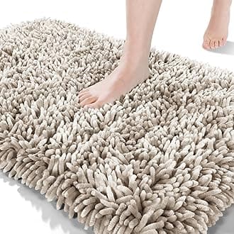 Yimobra Bathroom Rug, Chenille Extra Soft and Absorbent Shaggy Bath Mat, Non Slip, Machine Washable Dry, Plush Floor Carpet for Tub, Shower and Bath Room (31.5 Inches X 19.8 Inches, Khaki)