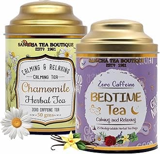 Sancha Tea Boutique, Tea Combo Pack: Chamomile Herbal (50g) & Bedtime Tisane (25 Pyramid Bags), Best Sleep, Calming & Relaxing Caffeine Free Herbal Tisanes