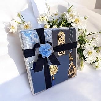 Muslim Prayer Rug, 7 in One Gift Set, Prayer Mat Surah Book, Tasbeeh, Scarf, Surah Case, Bookmark, Car Mirror Hanger, Prayer Beads,Islamic Gift for Umrah, Hajj, Wedding, Janamaz (Blue)