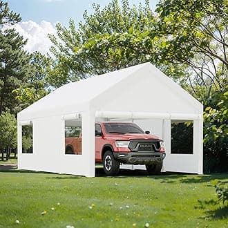 JY QAQA Carport, 10x20 FT Heavy Duty Carport Reinforced Steel Poles with Removable Sidewalls & Doors,Roll-up Windows Car Canopy with Sandbags and All-Season Tarp for Car Boat Truck Motorcycle/White