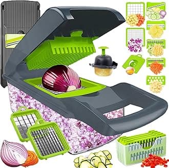 Vegetable Chopper Dicer with Container | Cheese Grater Mandoline Slicer Cabbage Shredder French Fry Cutter Stainless Steel for Veggie Onion Potato Fruit Food, Manual Hand Cooking Gadget for Kitchen