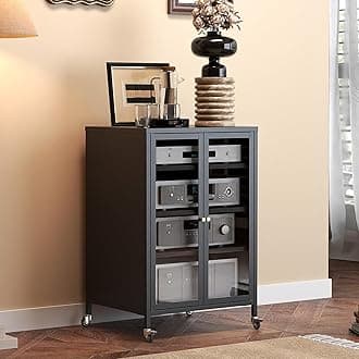 Heavy Duty 4-Tier Media Cabinet, Audio-Video Media Stand with Tempered Glass Doors, Metal Stereo Cabinets with 3 Adjustable Shelves, Storage Cabinet for Entertainment Stereo Component