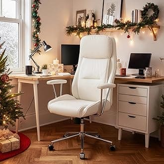 High Back Office Desk Chair,Ergonomic Reclining Office Chair,Modern Swivel Computer Chair,Conference Room Chairs,Cream White Leather Chair with Lumbar Support,330lbs