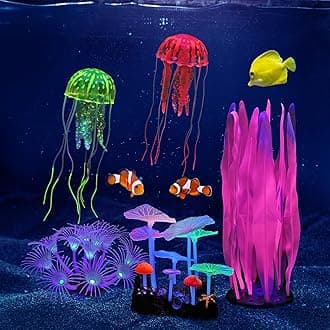 Lpraer 5 Pack Glow Aquarium Decorations Kelp Coral Mushroom Sun Flower Jellyfish Simulation Glow Plant Glowing Effect Silicone for Fish Tank Decorations