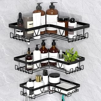 Kegii Corner Shower Caddy, Bathroom Shower Organiser Shower Storage with Soap Holder, No Drilling Bathroom Corner Shelves, Black 3 Pack