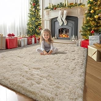 Amdrebio Beige Area Rugs for Bedroom Kids Room, Fluffy Plush Shaggy Furry Fuzzy Rug 4x6 for Living Room Decor Aesthetic, Soft Cute Shag Neutral Tan Carpet for Teens Baby Nursery Playroom Preppy Dorm