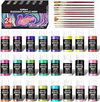 Caliart Iridescent Acrylic Paint with 12 Brushes, 24 Colors (59ml, 2oz) Art C...