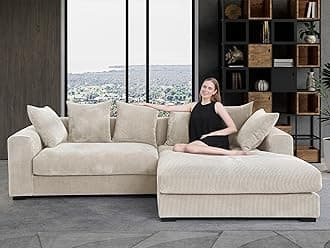 WILLIAMSPACE 109.75" Corduroy Sectional Sofa Couch for Living Room, Modern Upholstered L-Shaped Sofa with Right-Facing Chaise Lounge, Contemporary 4-Seat Couch with 6 Pillows (Beige)