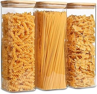 Glass Spaghetti Pasta Storage Containers with Lids 2.2 Qt Set of 3, Tall Clear Airtight Food Storage Jar with Lid for Noodles Flour Oat Cereal Sugar Beans, Sqaure Spaghetti Pantry Containers