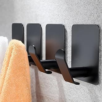 YIGII Adhesive Towel Hooks, 4 Pack Stainless Steel Bathroom Hooks Heavy Duty, Towel Hanger for Coat, Robe, Hats, No Damage Wall Hook, Black