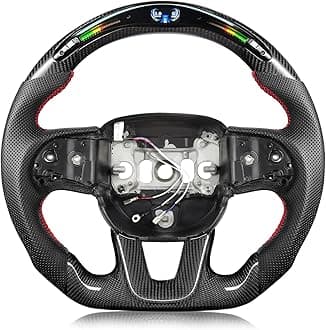 Tesfeel Carbon Fiber Steering Wheel for Dodge Challenger 2015-2024 Perforated Leather with 32 LED Shift Indicator Steering Wheel D-shaped Flat-bottom