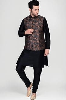 Ethluxis® Men's Silk Blend Kurta Churidar Pyjama with Ethnic Bundi Jacket Set