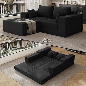 80" Convertible Sleeper Sofa Bed with Soft Pillow, Corduroy Folding Mattress Couch with L-Shape Chaise, Modular Floor Sofa Lounge Couch for Living Room Bedroom Lounge (Black)