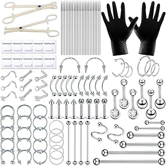 TKKUY 110Pcs Piercing Kit for all Body Piercings with Piercing Tools for Eyebrow Nose Ear Septum Belly Button Lip Tongue Cartilage and More with 12G 14G 16G 20G Piercing Needles