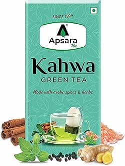 APSARA Green Tea 100 Bags Kahwa Spicy Cashmere Green Tea, Natural Body Cleansing and Immunity Booster with Rock Salt, Tulsi, Cardamom, Cinnamon, Black Pepper, Ashwagandha Tea, Green Tea