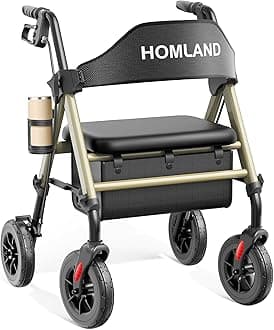 Walkers for Seniors with Seat, Foldable Rollator Walker, Reinforced Aluminum Frame, 8" Big Rubber Wheels for All Terrain, Height Adjustable Lightweight Rolling Walker