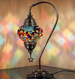 DEMMEX Turkish Table Lamp Moroccan Bedside Light Handmade Tiffany Mosaic Glass Boho Artisan Accent Lighting for Bedroom Living Room, Antique Brass Finish – 15" H, Multicolor