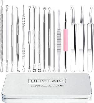 BHYTAKI Blackhead Remover Tools, 2024 Latest 16 PCS Pimple Popper Tool Kit, Acne Blackhead Tools for Blemish, 410 Premium Professional Stainless Acne Pimple Extractor Tool with Metal Box