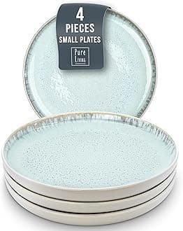 Small Dinner Plates Set of 4, 7.5" Stoneware Light Beige Blue Ceramic Plates, Dishwasher and Microwave Safe