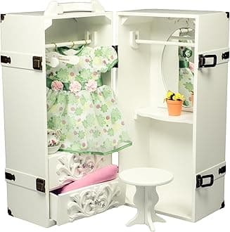 The Queen's Treasures 18 Inch Doll Clothes Storage Case Furniture, Fully Assembled White Wooden Trunk Includes Vanity, Stool, Hangers, Compatible for Use with American Girl Dolls, Clothes & Shoes